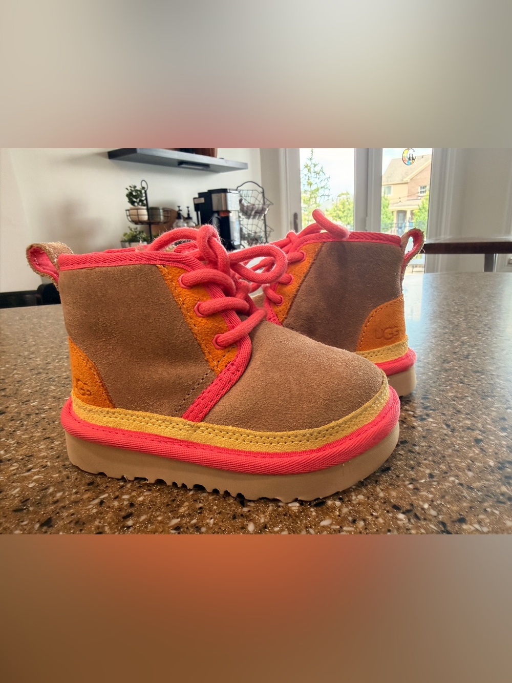 UGG Kids Brown Suede Boots with Pink Laces & Yellow Trim